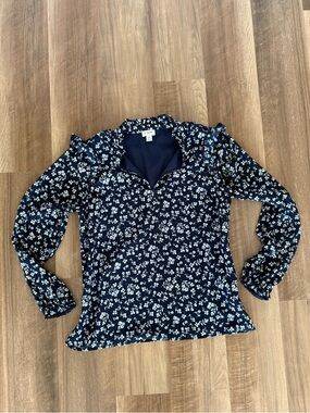 J. Crew Factory Navy White Floral Ruffle V-Neck Blouse